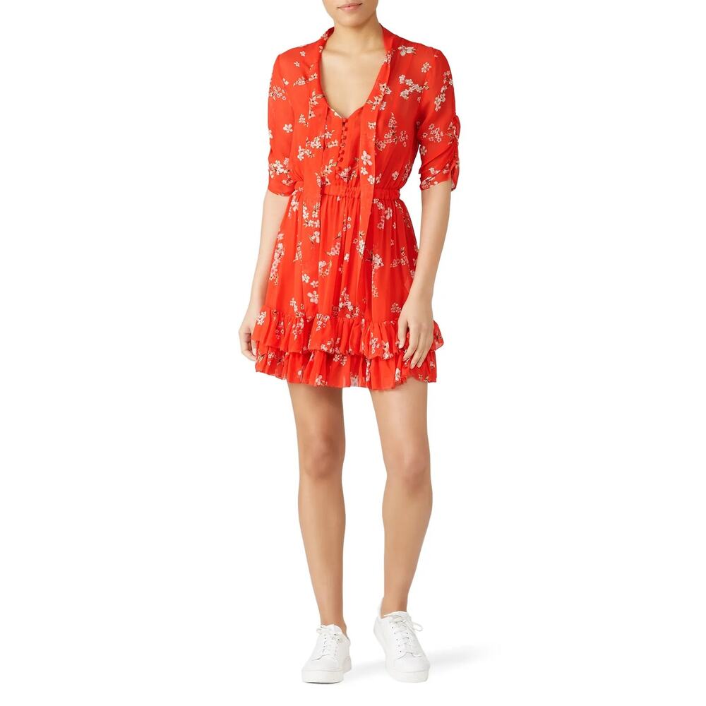 Nicholas Red Silk Floral Ruffle Mini Dress Size 6